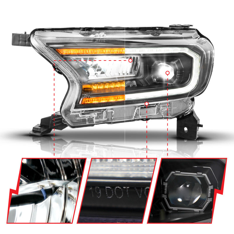 ANZO 19-23 Ford Ranger (Factory Halogen Model) Full LED Proj Headlights Init/DRL/SeqSig Black - Pair Headlights ANZO