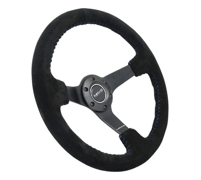 NRG Reinforced Steering Wheel (350mm / 3in. Deep) Blk Suede/Blue BBall Stitch w/5mm Matte Blk Spokes Steering Wheels NRG
