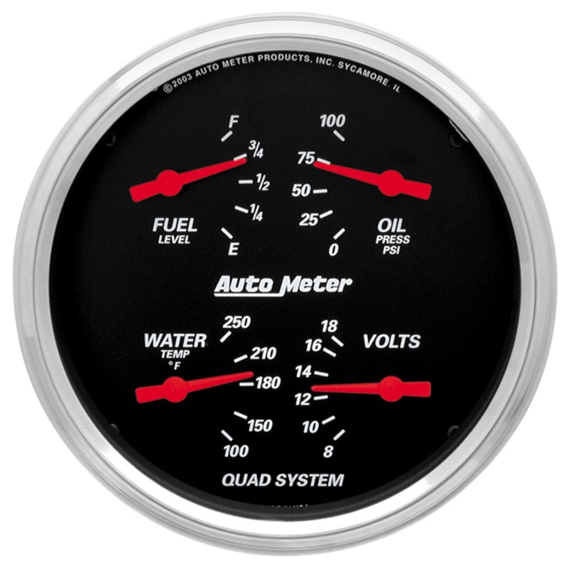 Autometer Designer Black 5in Quad Gauge - Fuel Level / Oil Pressure / Water Temperature / Voltmeter Gauges AutoMeter