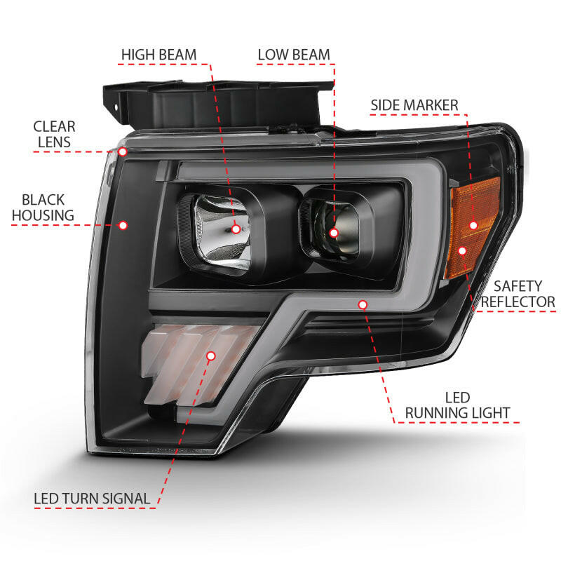 ANZO 2009-2014 Ford F-150 Projector Light Bar G4 H.L. Black Amber Headlights ANZO