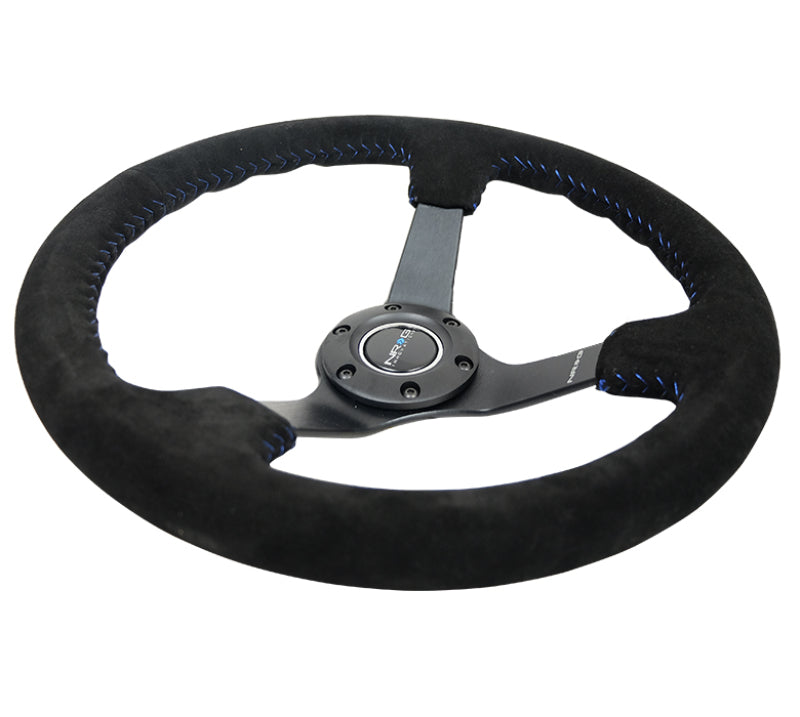 NRG Reinforced Steering Wheel (350mm / 3in. Deep) Blk Suede/Blue BBall Stitch w/5mm Matte Blk Spokes Steering Wheels NRG