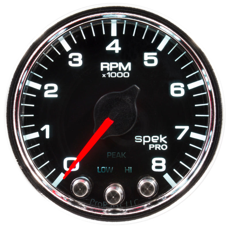 Autometer Spek-Pro Gauge Tach 2 1/16in 8K Rpm W/ Shift Light & Peak Mem Blk/Chrm Gauges AutoMeter