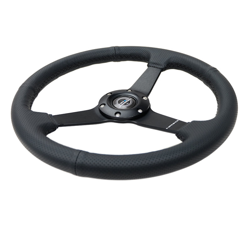 NRG Sport Steering Wheel (350mm / 1.5in Deep) Black Leather Black Stitch w/Matte Black Solid Spokes Steering Wheels NRG