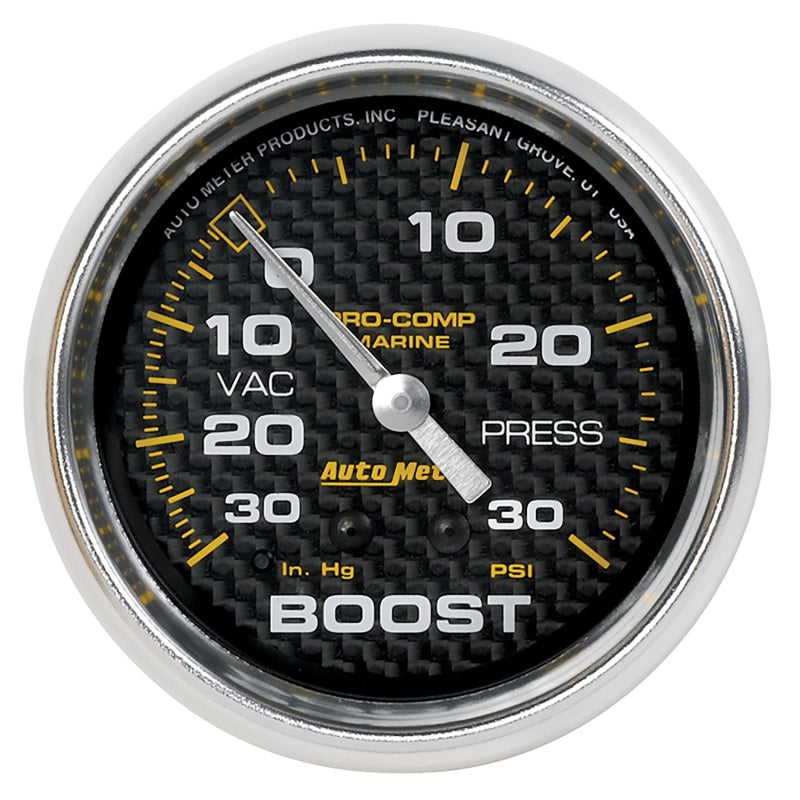 Autometer Marine Carbon Fiber Gauge 2-5/8in Mechanical Vacuum/Boost Gauge 30INHG-30PSI Gauges AutoMeter