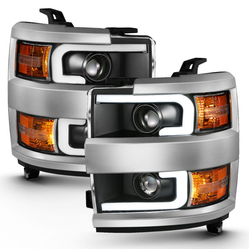 ANZO 2015-2016 Chevrolet Silverado Projector Headlights w/ Plank Style Design Black w/ Amber Headlights ANZO