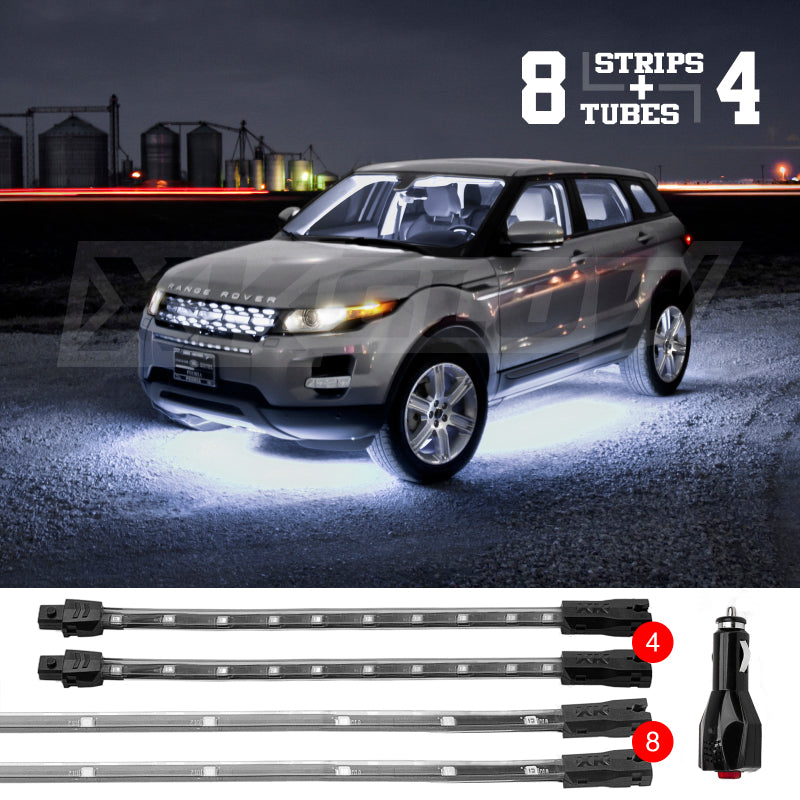 XK Glow Strip Single Color Underglow LED Accent Light Car/Truck Kit White - 8x24In Tube + 4x8In Light Accessories and Wiring XKGLOW