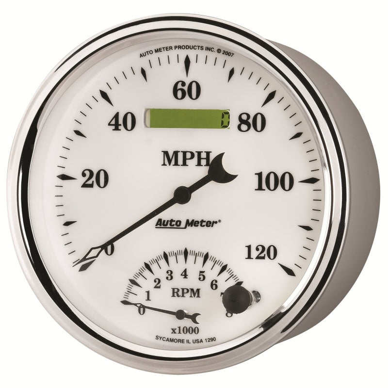 AutoMeter Gauge Tach/Speedo 5in. 120MPH & 8K RPM Elec. Program Old Tyme White II Gauges AutoMeter