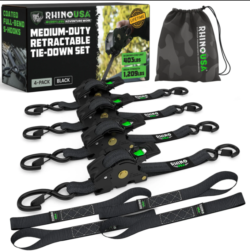 Rhino USA Retractable Ratchet Straps (2Pk 1Inx10Ft) Black Cargo Tie-Downs Rhino USA