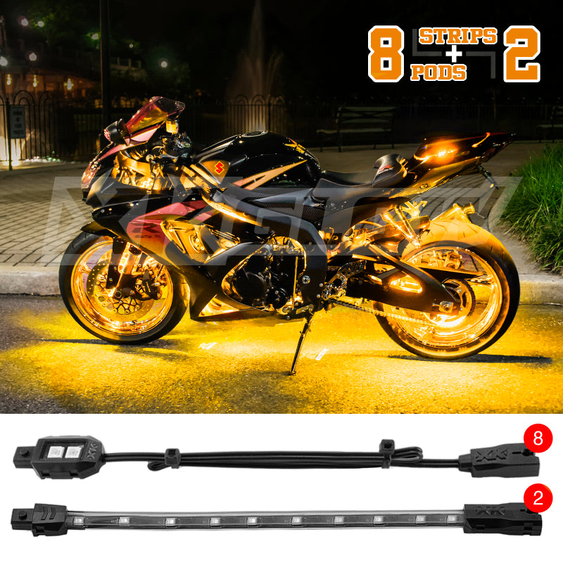 XK Glow Strips Single Color XKGLOW LED Accent Light Motorcycle Kit Amber - 8xPod + 2x8In Light Accessories and Wiring XKGLOW