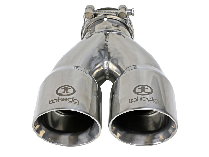 aFe Takeda 2.5in 304 Stainless Steel Clamp-on Exhaust Tip 2.5in Inlet 3in Dual Outlet - Polished Tips aFe