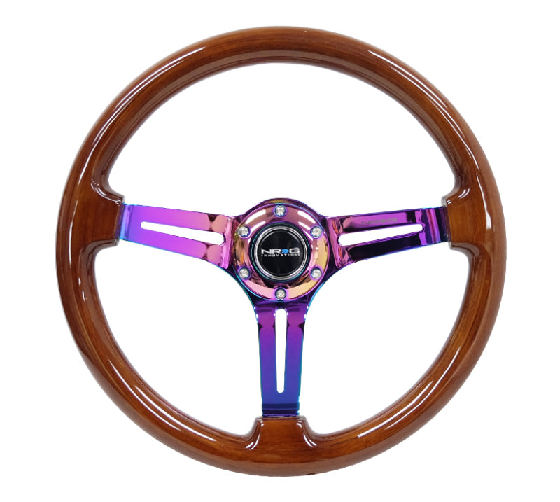 NRG Reinforced Steering Wheel (350mm / 3in. Deep) Brown Wood w/Blk Matte Spoke/Neochrome Center Mark Steering Wheels NRG