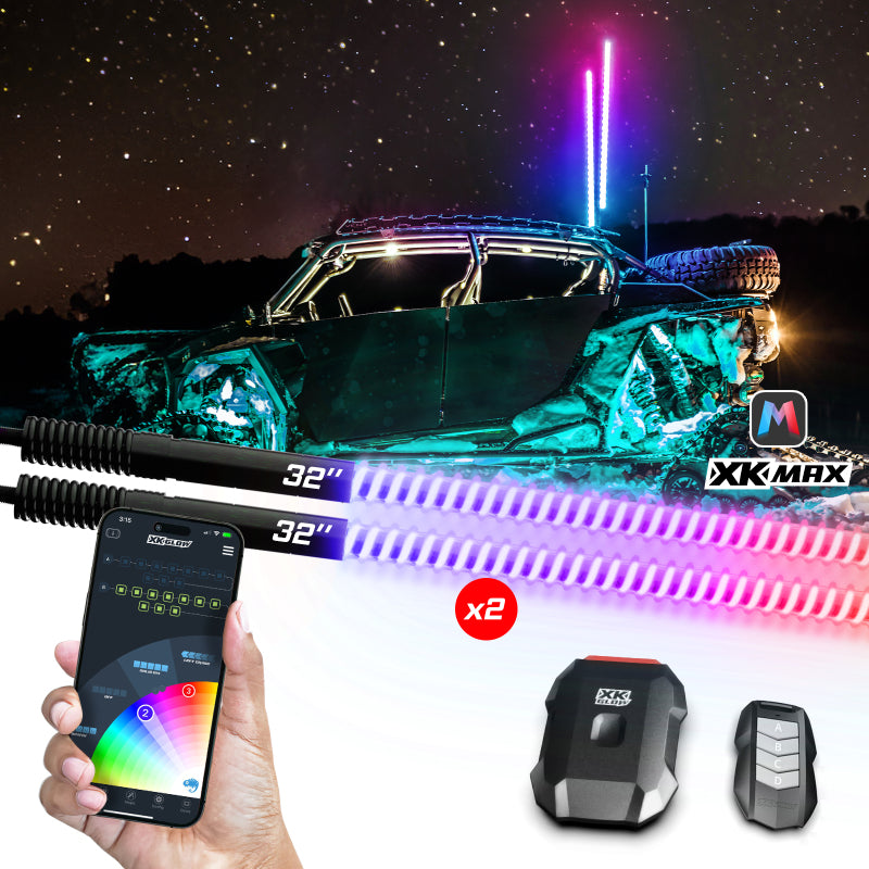 XK Glow 2x32 XKmax RGBW Advanced App Control LED Whip Light Kit for 4x4 Offroad UTV ATV Light Accessories and Wiring XKGLOW