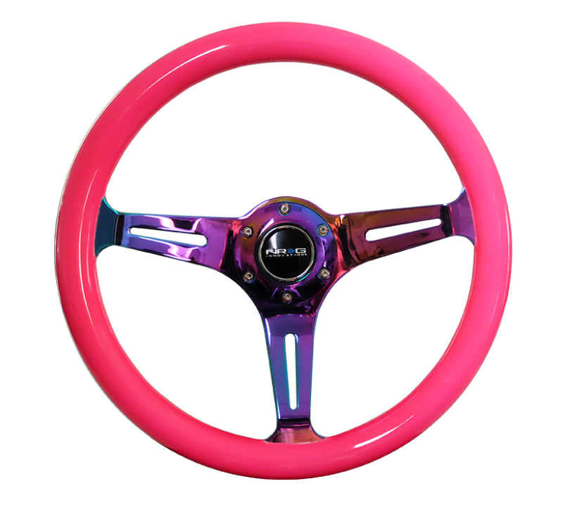 NRG Classic Wood Grain Steering Wheel (350mm) Neon Pink Painted Grip w/Neochrome 3-Spoke Center Steering Wheels NRG