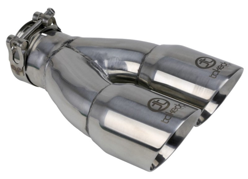 aFe Takeda 2.5in 304 Stainless Steel Clamp-on Exhaust Tip 2.5in Inlet 3in Dual Outlet - Polished Tips aFe