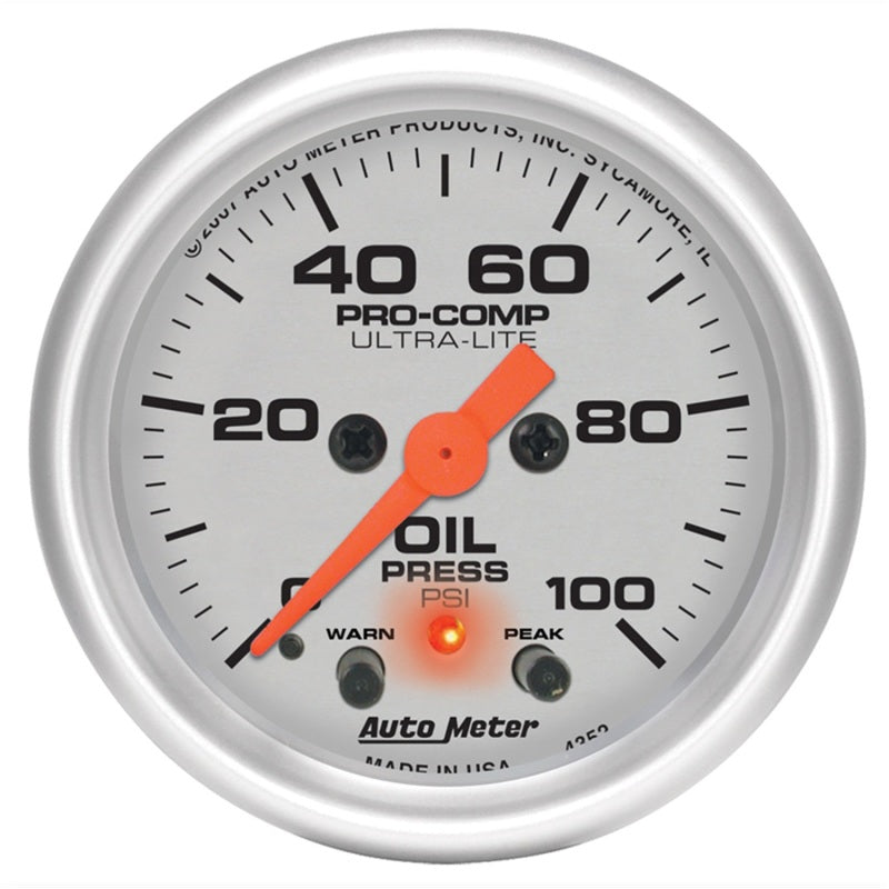 Autometer Ultra-Lite 52mm 0-100 PSI F/S Electronic Oil Pressure w/ Peak Memory & Warning Gauge Gauges AutoMeter