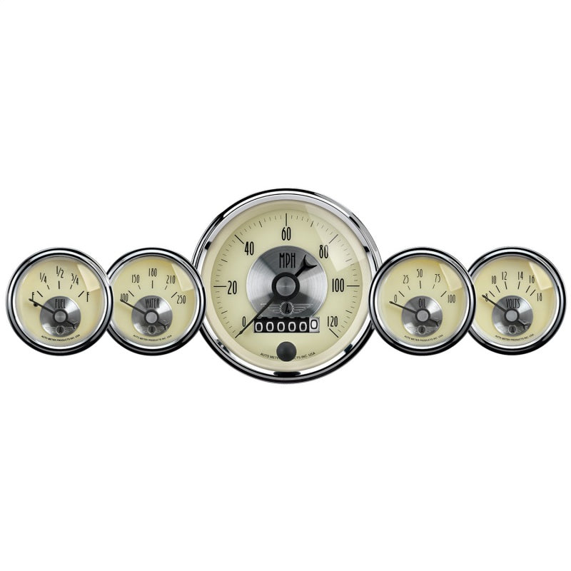 AutoMeter Gauge Kit 5 Pc 3-3/8in. & 2-1/16in. Elec Speedo W/Wheel Odo Prestige Antq. Ivory Gauges AutoMeter