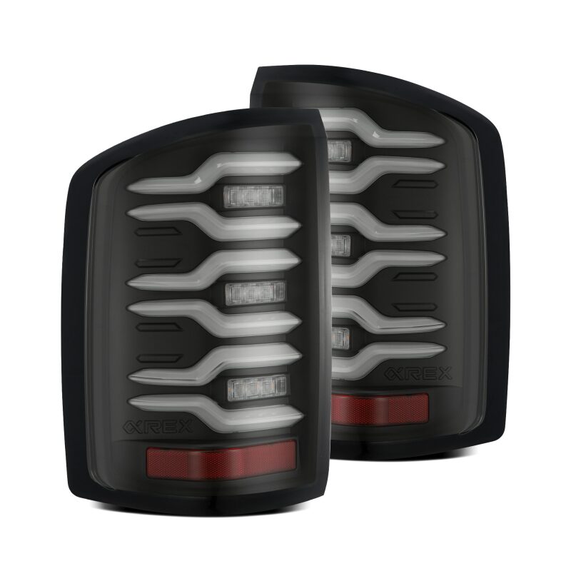 AlphaRex 14-18 GMC Sierra 1500/2500HD/3500HD LUXX-Series LED Tail Lights Blk w/Actv Light & Seq. Sig Tail Lights AlphaRex