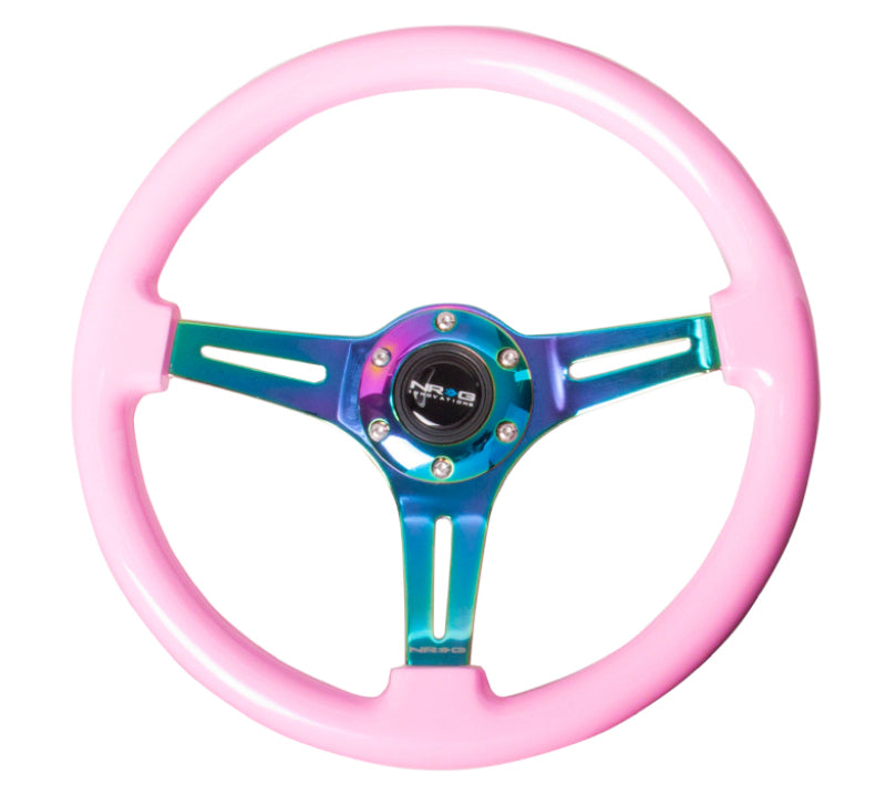 NRG Classic Wood Grain Steering Wheel (350mm) Solid Pink Painted Grip w/Neochrome 3-Spoke Center Steering Wheels NRG