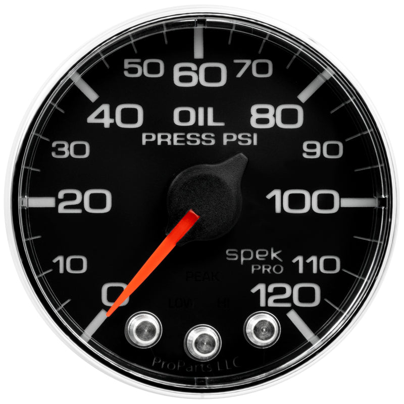 Autometer Spek-Pro Gauge Oil Press 2 1/16in 120psi Stepper Motor W/Peak & Warn Blk/Chrm Gauges AutoMeter