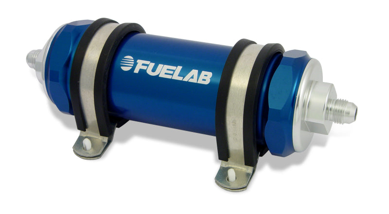 Fuelab 828 In-Line Fuel Filter Long -12AN In/Out 10 Micron Fabric - Blue Fuel Filters Fuelab