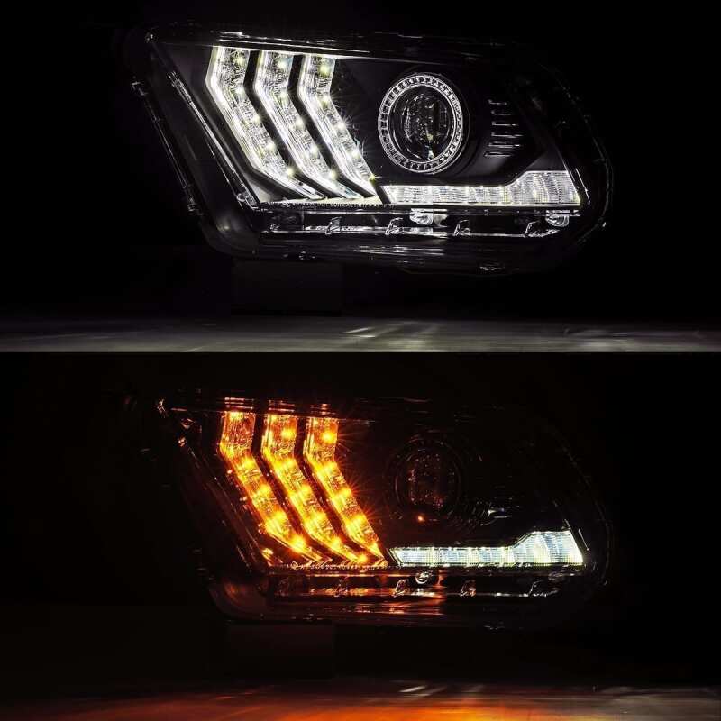 AlphaRex 10-12 Ford Mustang LUXX LED Proj Headlights Plank Style Black w/Activ Light/Seq Signal Headlights AlphaRex