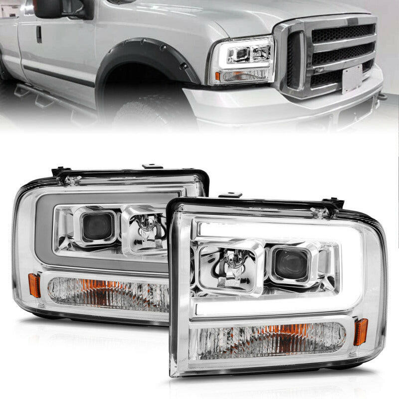 ANZO 99-04 Ford F250/F350/F450/Excursion (excl 99) Projector Headlights - w/Light Bar Chrome Housing Headlights ANZO