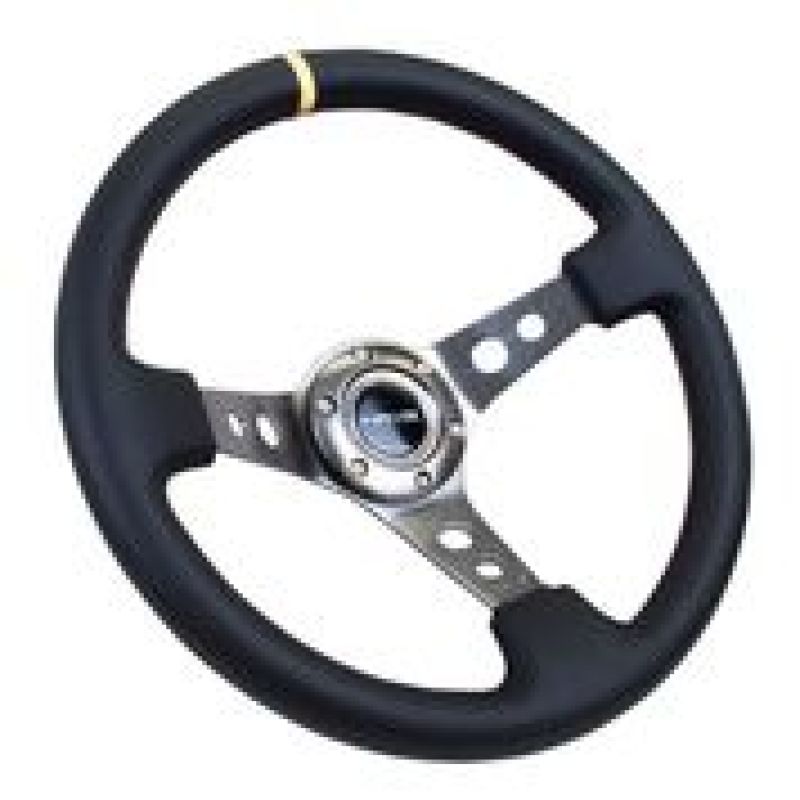 NRG Reinforced Steering Wheel (350mm / 3in. Deep) Blk Leather w/Gunmetal Cutout Spoke & Yellow CM Steering Wheels NRG