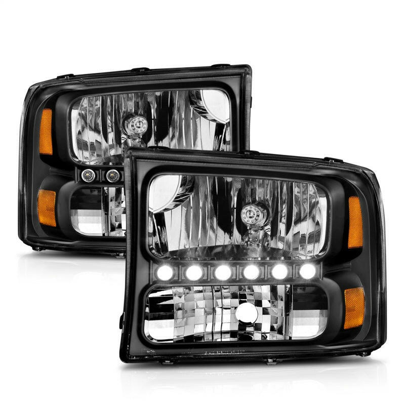ANZO 2000-2004 Ford Excursion Crystal Headlights Black w/ LED 1pc Headlights ANZO