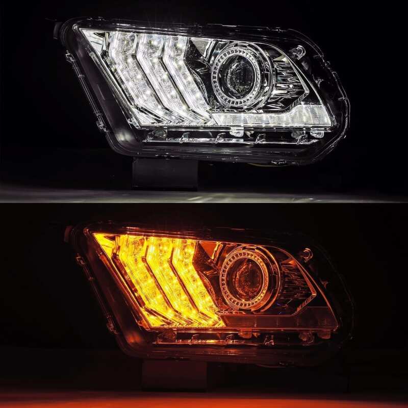 AlphaRex 10-12 Ford Mustang LUXX LED Proj Headlights Plank Style Chrome w/Activ Light/Seq Signal Headlights AlphaRex