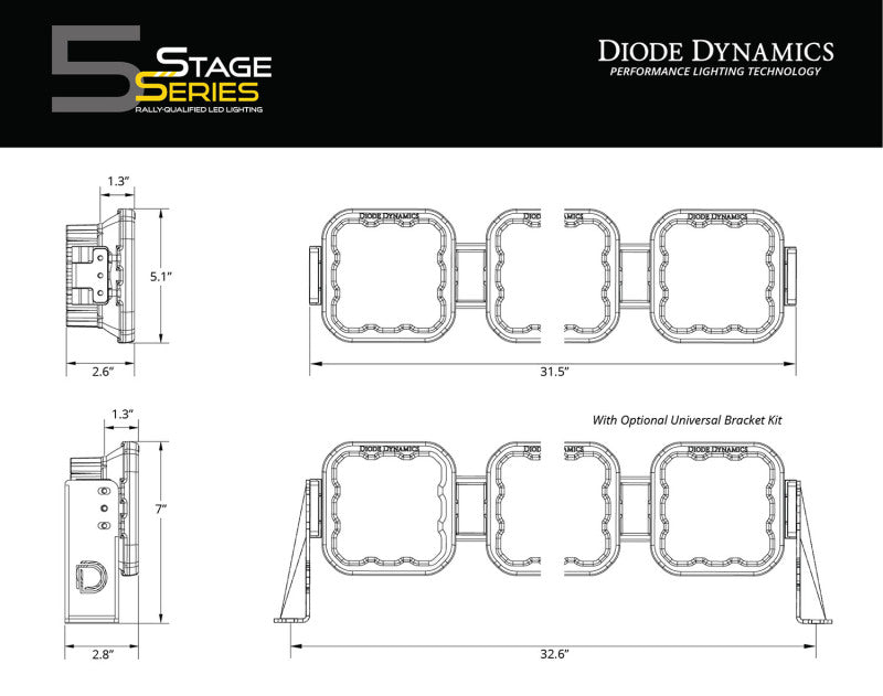 Diode Dynamics SS5 Sport Universal CrossLink 5-Pod Lightbar - White Driving Light Bars & Cubes Diode Dynamics