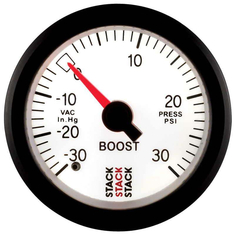 Autometer Stack 52mm -30INHG to +30 PSI (Incl T-Fitting) Mechanical Boost Pressure Gauge - White Gauges AutoMeter