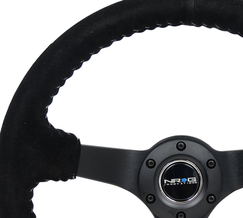 NRG Reinforced Steering Wheel (350mm / 3in. Deep) Blk Suede/Silver BBall Stitch w/5mm Mt. Blk Spokes Steering Wheels NRG