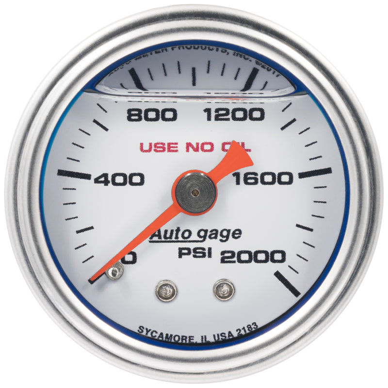 Autometer AutoGage 1.5in Liquid Filled Mechanical 0-2000 PSI Fuel Pressure Gauge - White Gauges AutoMeter
