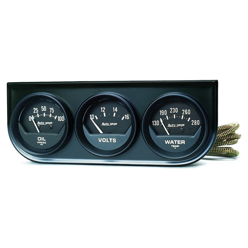 Autometer AutoGage 2in 3-Gauge 0-100 PSI Oil Press/130-280 Deg Water Temp/10-16V Voltmeter - Black Gauges AutoMeter