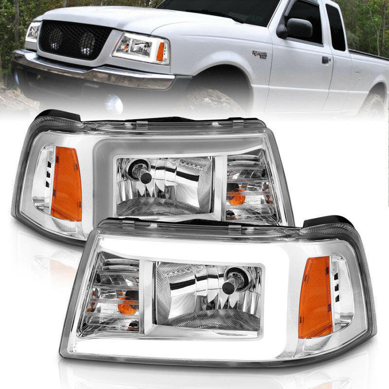 ANZO 2001-2011 Ford Ranger Crystal Headlights w/ Light Bar Chrome Housing Headlights ANZO