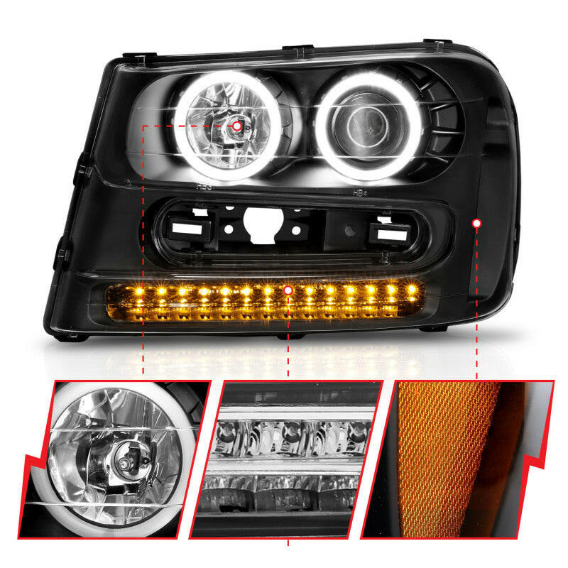 ANZO 2002-2009 Chevrolet Trailblazer Projector Headlights w/ Halo Black Headlights ANZO