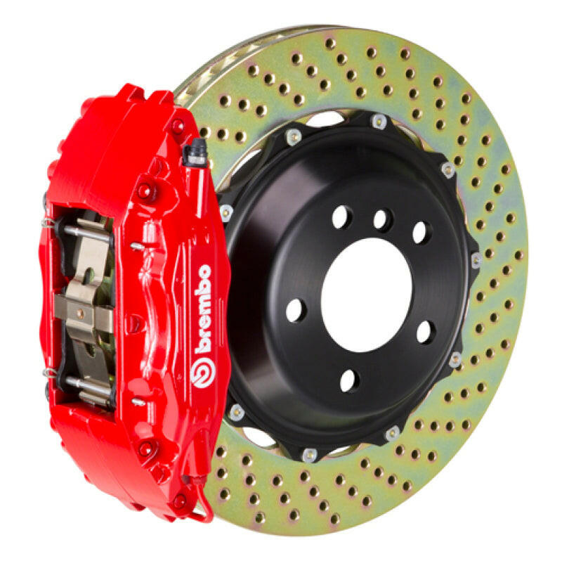 Brembo 95-98 240SX/ w/5-lug Hubs Front GT BBK 4 Piston Cast 2pc 332x32 2pc Rotor Drilled-Red Brake Kits - Performance Slot Brembo