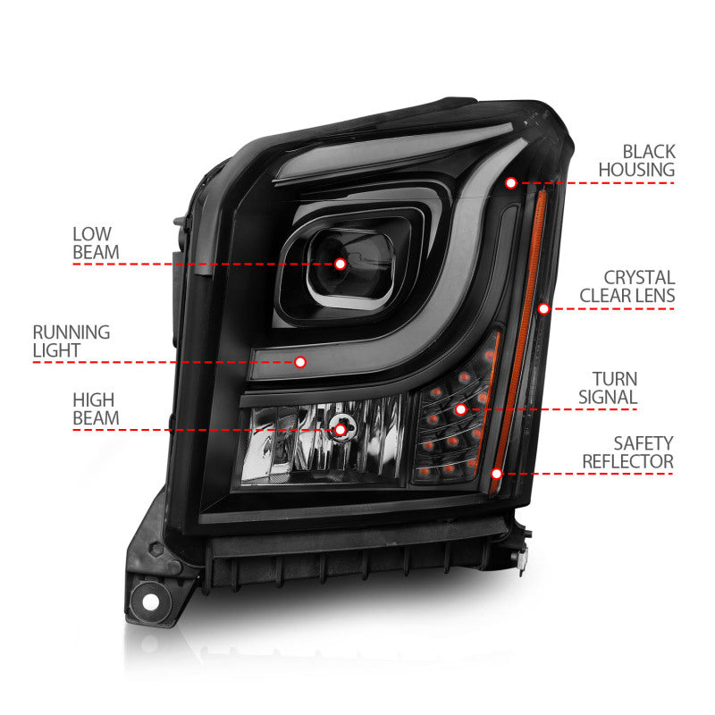 ANZO 15-17 GMC Yukon/Yukon XL Projector Headlights Black Housing/Clear Lens (w/ Light Bars) Headlights ANZO