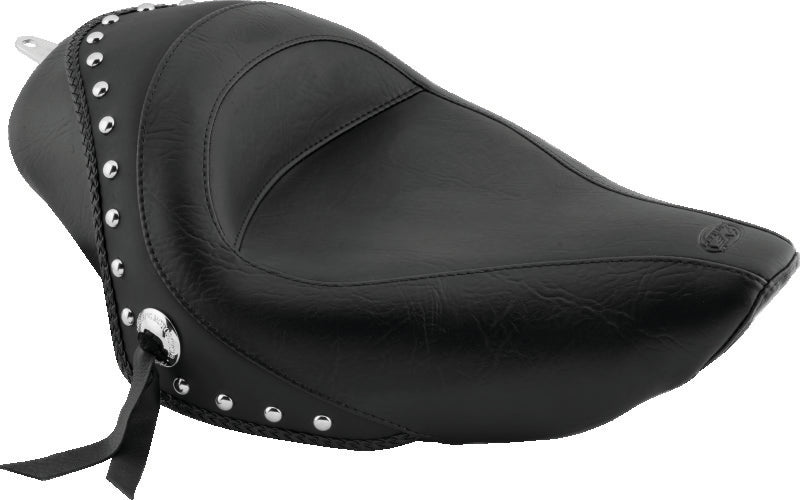 Mustang 04-21 Harley Sportster 3.3 GAL Standard Touring Solo Seat w/Studs - Black Solo Motorcycle Seats Mustang Motorcycle