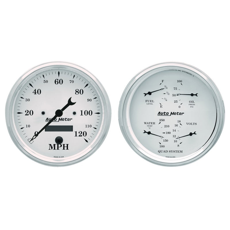 AutoMeter Gauge Kit 2 Pc. Quad & Speedometer 5in. Old Tyme White Gauges AutoMeter