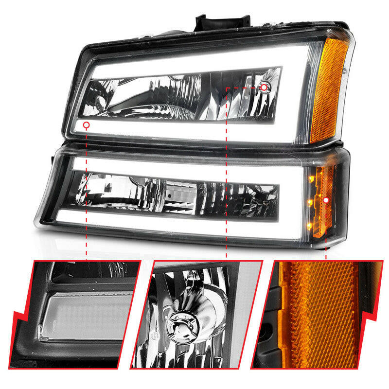 ANZO 2003-2006 Chevrolet Silverado 1500 Crystal Headlights w/ Light Bar Black Housing Headlights ANZO
