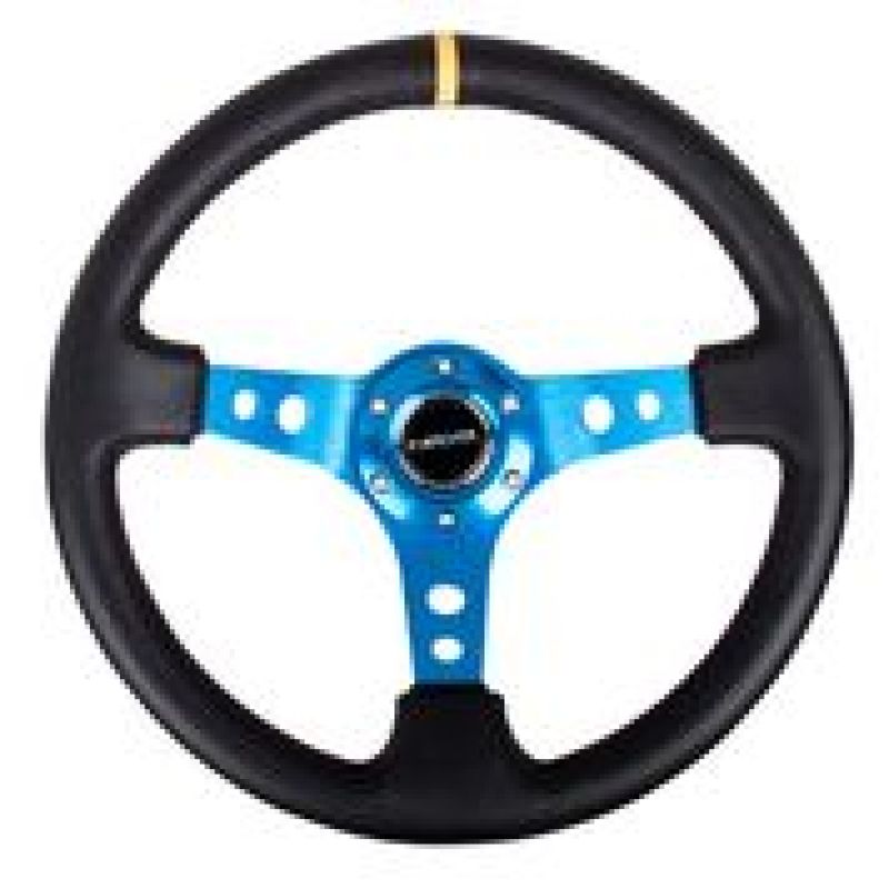 NRG Reinforced Steering Wheel (350mm / 3in. Deep) Blk Leather w/Blue Cutout Spoke & Single Yellow CM Steering Wheels NRG