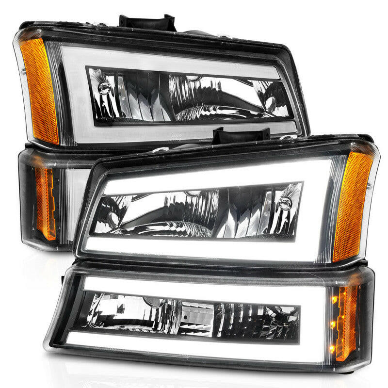 ANZO 2003-2006 Chevrolet Silverado 1500 Crystal Headlights w/ Light Bar Black Housing Headlights ANZO