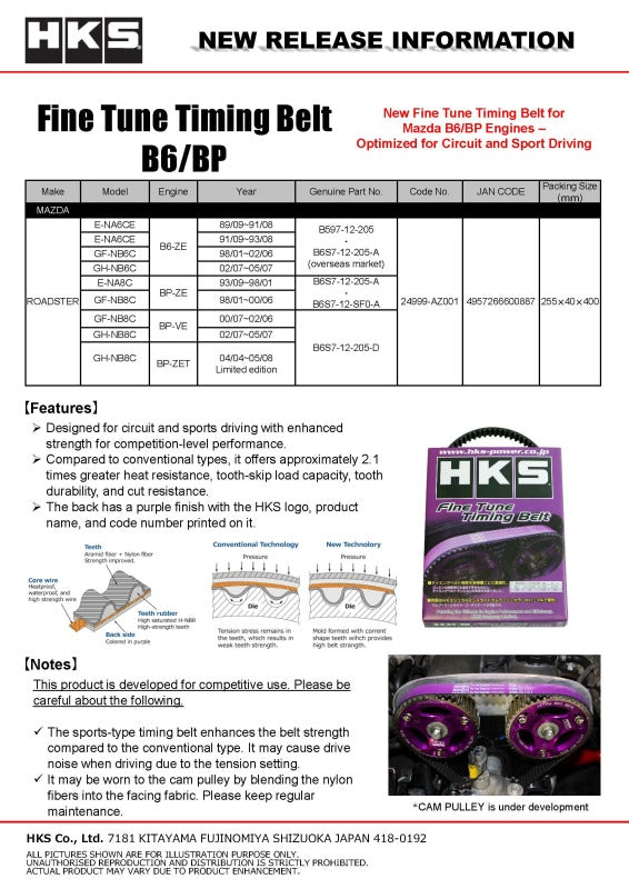 HKS Fine Tune Timing Belt for 90-2005 Mazda MX-5 (B6-ZE) Belts - Timing, Accessory HKS