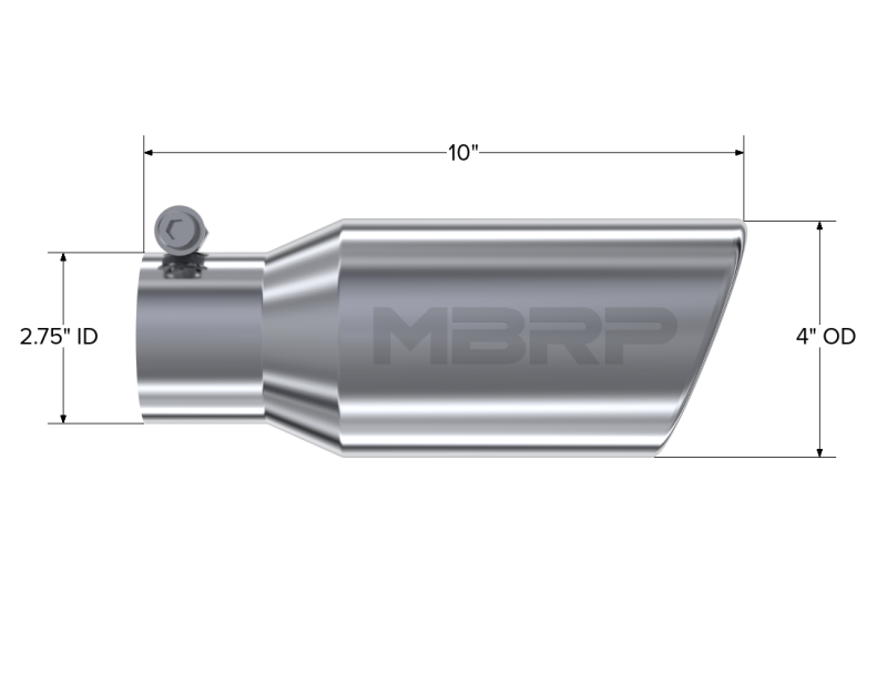 MBRP Universal Tip 4in OD 2.75in Inlet 10in Length Angled Rolled End T304 Steel Tubing MBRP