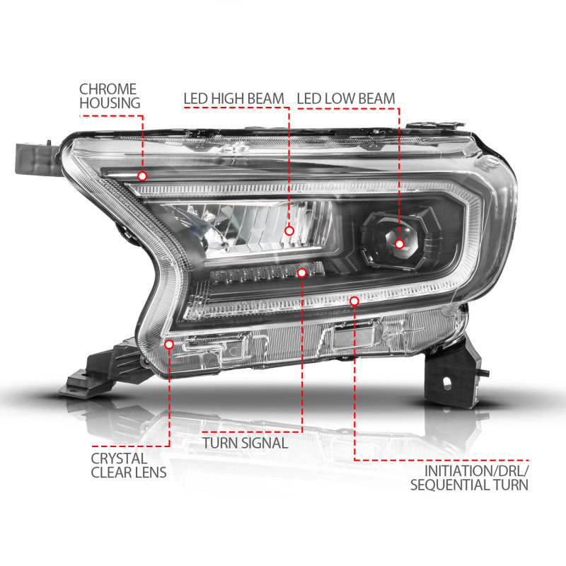 ANZO 19-23 Ford Ranger (Factory Halogen Model) Full LED Proj Headlights Init/DRL/SeqSig Black - Pair Headlights ANZO