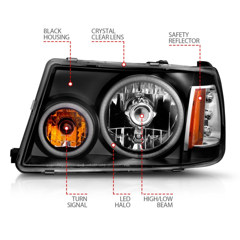 ANZO 2001-2011 Ford Ranger Projector Headlights w/ Halo Black (CCFL) 1 pc Headlights ANZO