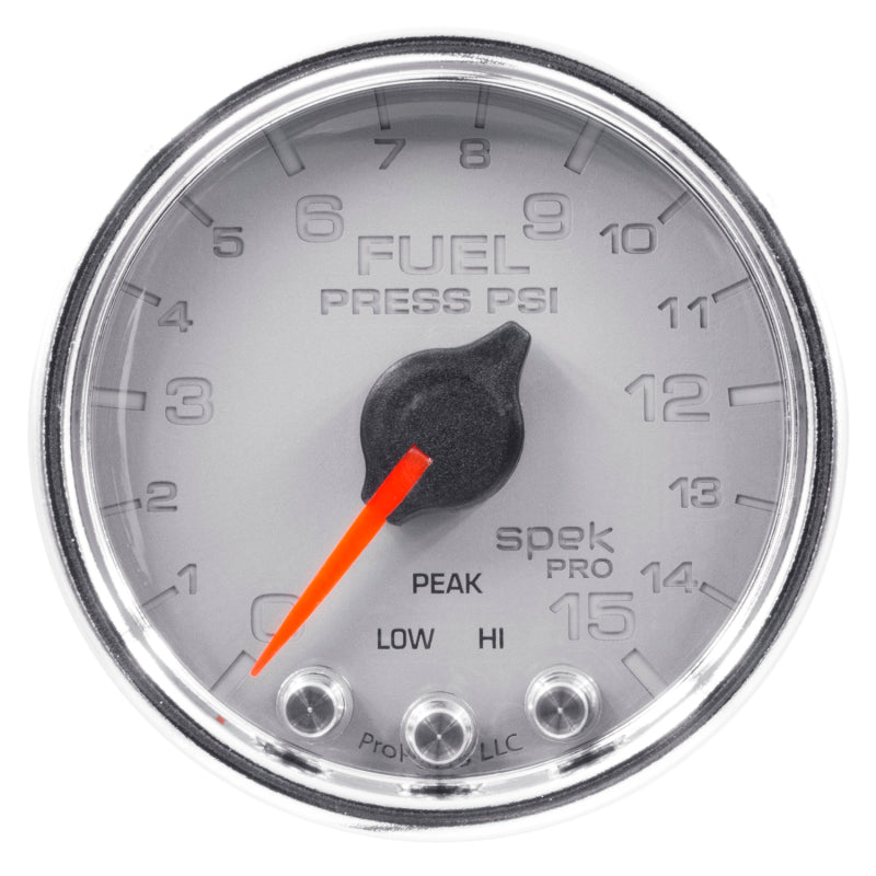 Autometer Spek-Pro Gauge Fuel Press 2 1/16in 15psi Stepper Motor W/Peak & Warn Slvr/Chrm Gauges AutoMeter