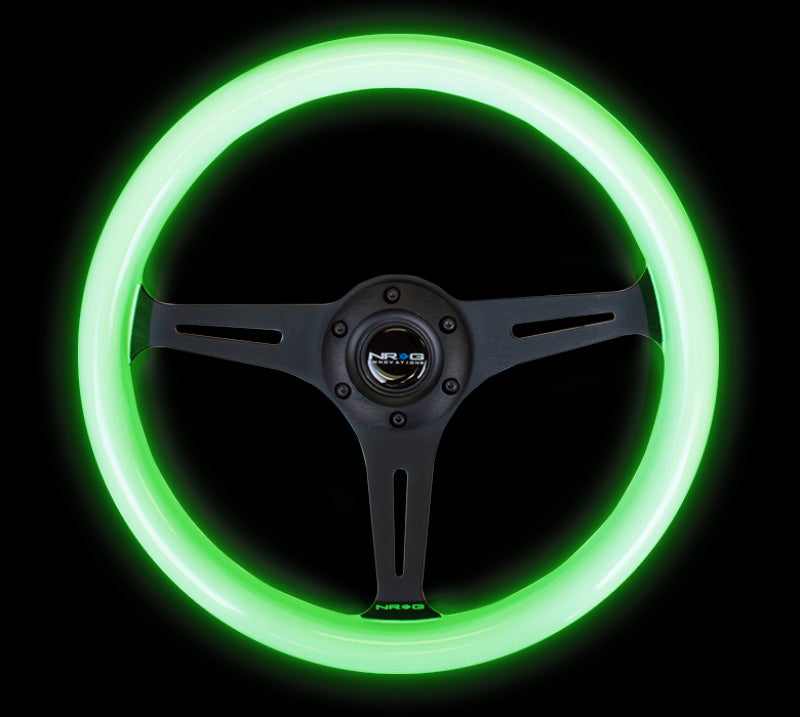 NRG Classic Wood Grain Steering Wheel (350mm) Glow-N-The-Dark Green Grip w/Black 3-Spoke Center Steering Wheels NRG