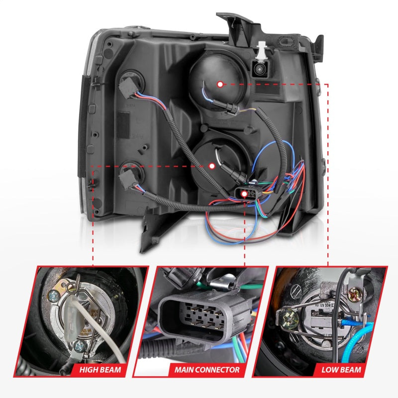 ANZO 2007-2013 Chevrolet Silverado 1500/2500 Projector Headlights w/ U-Bar Switchback Black w/ Amber Headlights ANZO